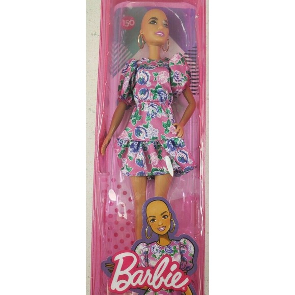 Barbie Fashionistas Doll #150 with No-Hair Look Wearing Pink Floral Dress Toy - Picture 2 of 10